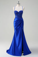 Load image into Gallery viewer, Royal Blue Satin Ruched Mermaid Long Formal Dress with Appliques