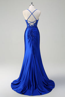 Royal Blue Satin Ruched Mermaid Long Formal Dress with Appliques