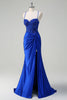 Load image into Gallery viewer, Royal Blue Satin Ruched Mermaid Long Formal Dress with Appliques