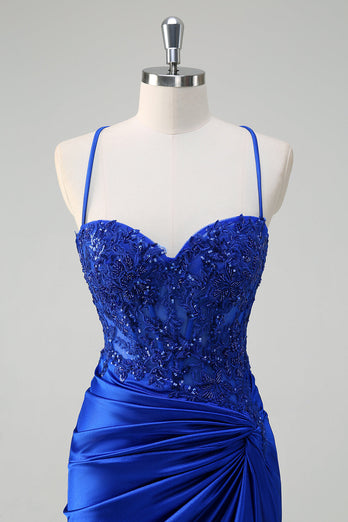 Royal Blue Satin Ruched Mermaid Long Formal Dress with Appliques