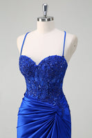Load image into Gallery viewer, Royal Blue Satin Ruched Mermaid Long Formal Dress with Appliques