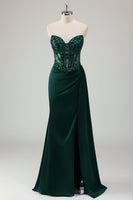 Load image into Gallery viewer, Dark Green Satin Mermaid Corset Long Formal Dress with Appliques