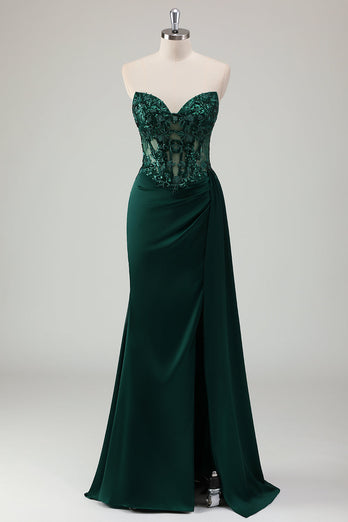 Dark Green Satin Mermaid Corset Long Formal Dress with Appliques