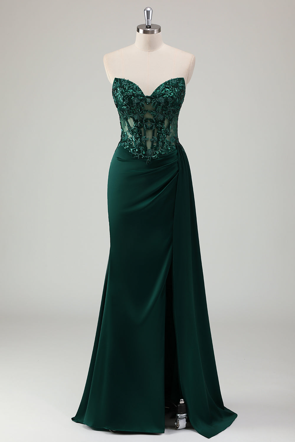 Dark Green Satin Mermaid Corset Long Formal Dress with Appliques