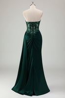 Load image into Gallery viewer, Dark Green Satin Mermaid Corset Long Formal Dress with Appliques