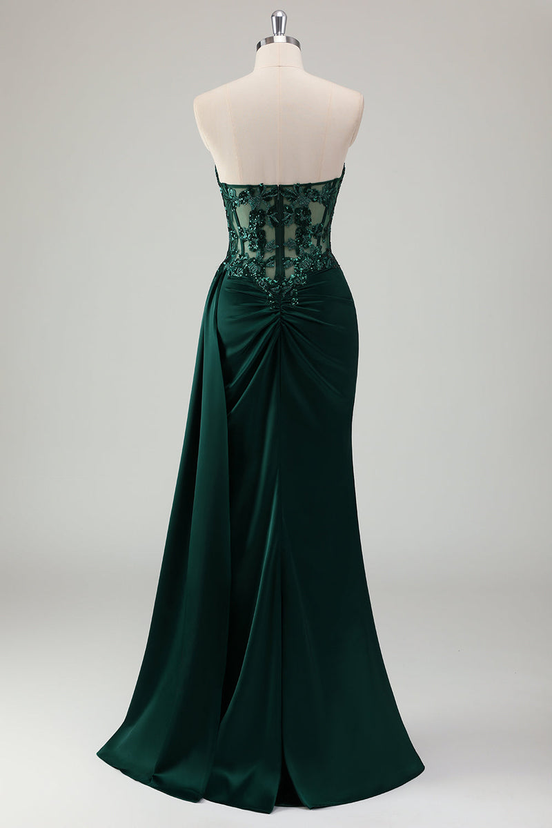 Load image into Gallery viewer, Dark Green Satin Mermaid Corset Long Formal Dress with Appliques