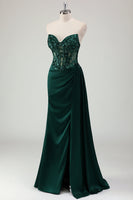 Load image into Gallery viewer, Dark Green Satin Mermaid Corset Long Formal Dress with Appliques