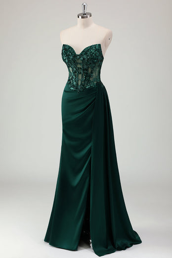 Dark Green Satin Mermaid Corset Long Formal Dress with Appliques