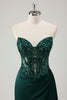 Load image into Gallery viewer, Dark Green Satin Mermaid Corset Long Formal Dress with Appliques