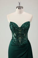 Load image into Gallery viewer, Dark Green Satin Mermaid Corset Long Formal Dress with Appliques