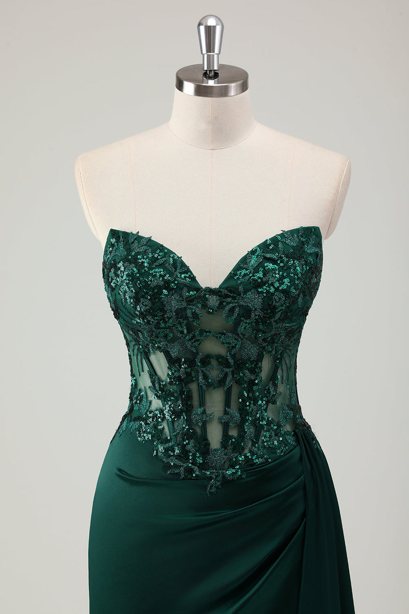 Load image into Gallery viewer, Dark Green Satin Mermaid Corset Long Formal Dress with Appliques