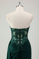 Load image into Gallery viewer, Dark Green Satin Mermaid Corset Long Formal Dress with Appliques