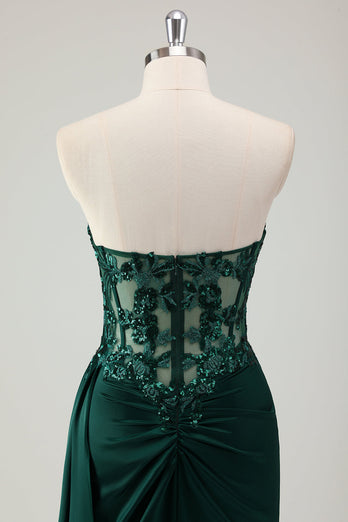 Dark Green Satin Mermaid Corset Long Formal Dress with Appliques