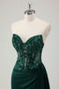 Load image into Gallery viewer, Dark Green Satin Mermaid Corset Long Formal Dress with Appliques