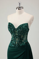 Load image into Gallery viewer, Dark Green Satin Mermaid Corset Long Formal Dress with Appliques