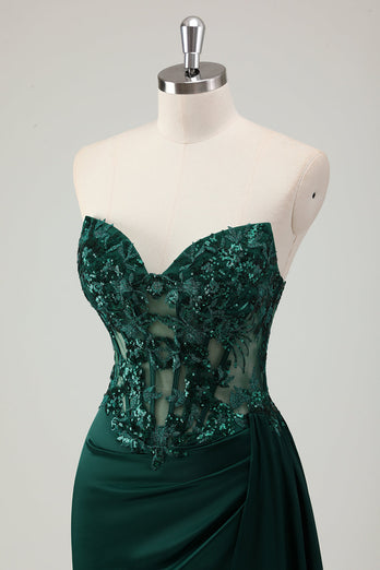 Dark Green Satin Mermaid Corset Long Formal Dress with Appliques