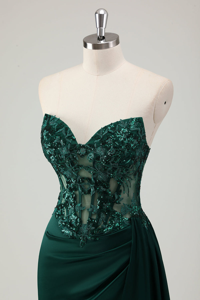 Load image into Gallery viewer, Dark Green Satin Mermaid Corset Long Formal Dress with Appliques
