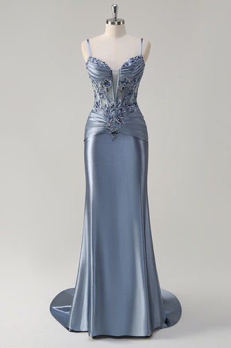 Grey Blue Satin Ruched Mermaid Corset Long Formal Dress with Appliques