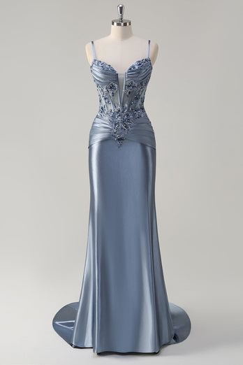 Grey Blue Satin Ruched Mermaid Corset Long Formal Dress with Appliques
