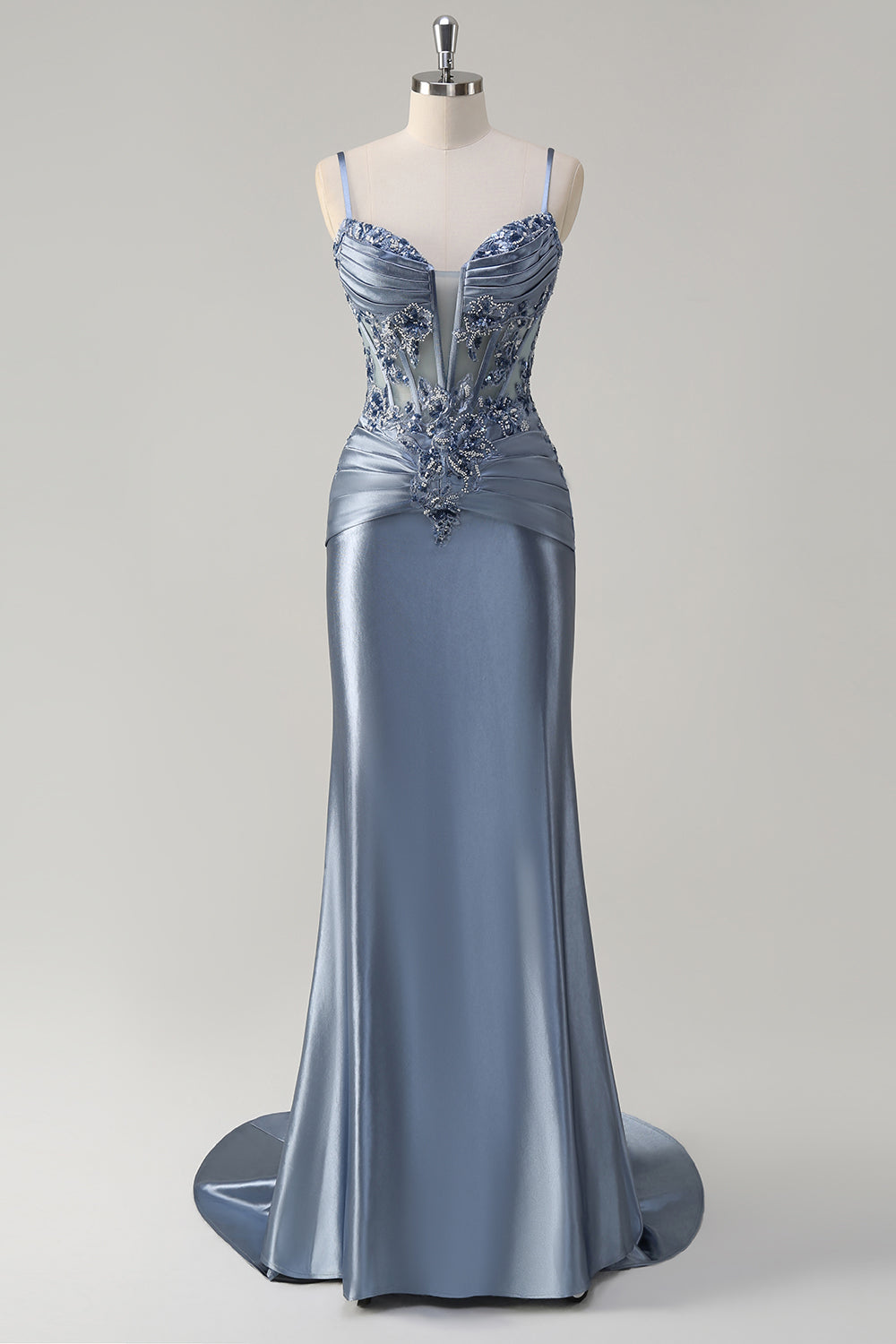 Grey Blue Satin Ruched Mermaid Corset Long Formal Dress with Appliques
