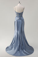 Load image into Gallery viewer, Grey Blue Satin Ruched Mermaid Corset Long Formal Dress with Appliques