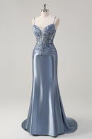 Load image into Gallery viewer, Grey Blue Satin Ruched Mermaid Corset Long Formal Dress with Appliques