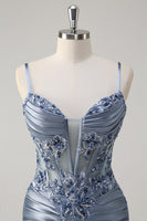 Load image into Gallery viewer, Grey Blue Satin Ruched Mermaid Corset Long Formal Dress with Appliques