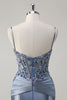 Load image into Gallery viewer, Grey Blue Satin Ruched Mermaid Corset Long Formal Dress with Appliques