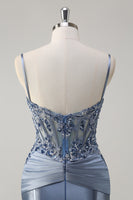Load image into Gallery viewer, Grey Blue Satin Ruched Mermaid Corset Long Formal Dress with Appliques