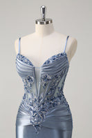 Load image into Gallery viewer, Grey Blue Satin Ruched Mermaid Corset Long Formal Dress with Appliques
