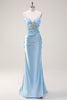 Load image into Gallery viewer, Sky Blue Satin Mermaid Strapless Formal Dress With Appliques