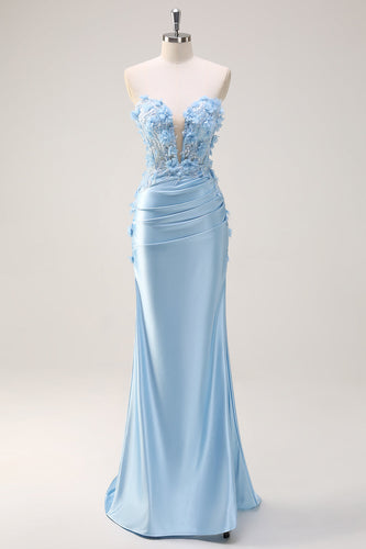 Sky Blue Satin Mermaid Strapless Formal Dress With Appliques