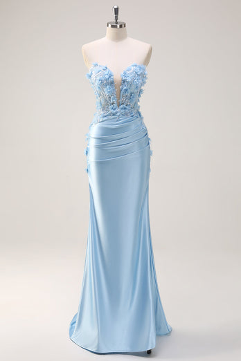 Sky Blue Satin Mermaid Strapless Formal Dress With Appliques