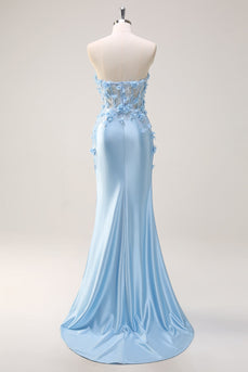 Sky Blue Satin Mermaid Strapless Formal Dress With Appliques