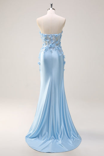 Sky Blue Satin Mermaid Strapless Formal Dress With Appliques