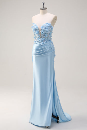 Sky Blue Satin Mermaid Strapless Formal Dress With Appliques