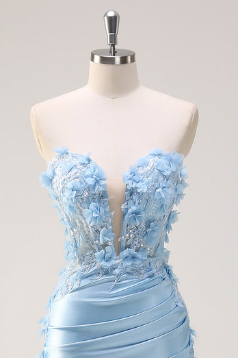 Sky Blue Satin Mermaid Strapless Formal Dress With Appliques