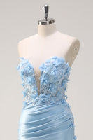 Load image into Gallery viewer, Sky Blue Satin Mermaid Strapless Formal Dress With Appliques