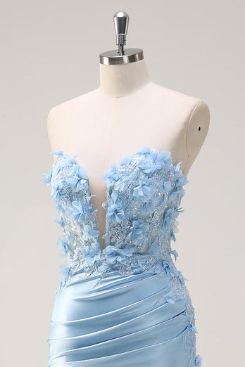 Sky Blue Satin Mermaid Strapless Formal Dress With Appliques
