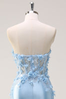 Load image into Gallery viewer, Sky Blue Satin Mermaid Strapless Formal Dress With Appliques