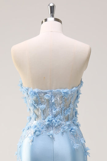Sky Blue Satin Mermaid Strapless Formal Dress With Appliques