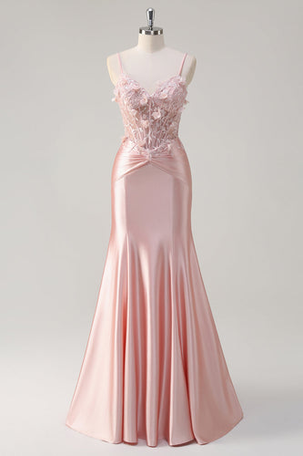 Pink Satin Mermaid Spaghetti Straps Corset Long Formal Dress