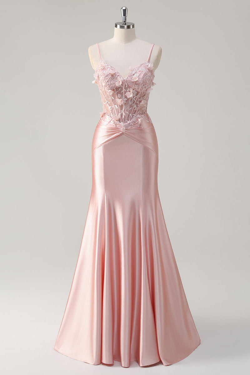 Load image into Gallery viewer, Pink Satin Mermaid Spaghetti Straps Corset Long Formal Dress