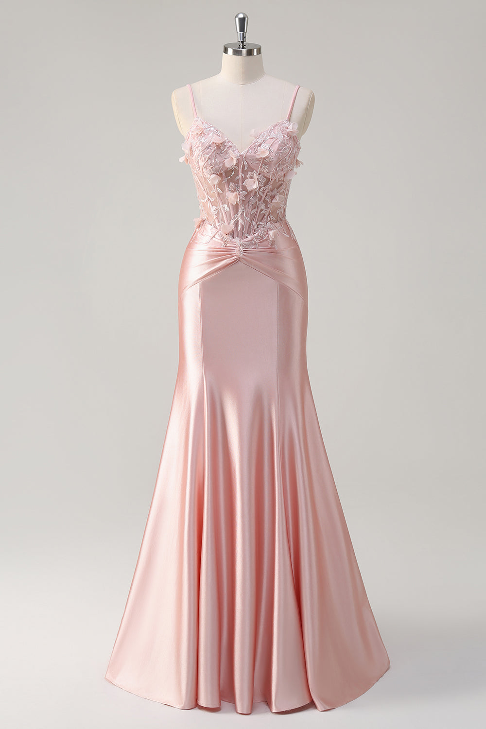 Pink Satin Mermaid Spaghetti Straps Corset Long Formal Dress