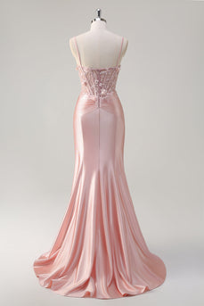 Pink Satin Mermaid Spaghetti Straps Corset Long Formal Dress