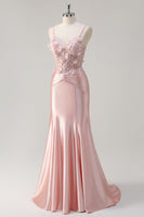 Load image into Gallery viewer, Pink Satin Mermaid Spaghetti Straps Corset Long Formal Dress