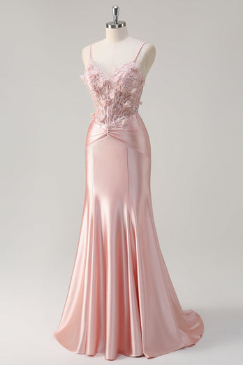 Pink Satin Mermaid Spaghetti Straps Corset Long Formal Dress