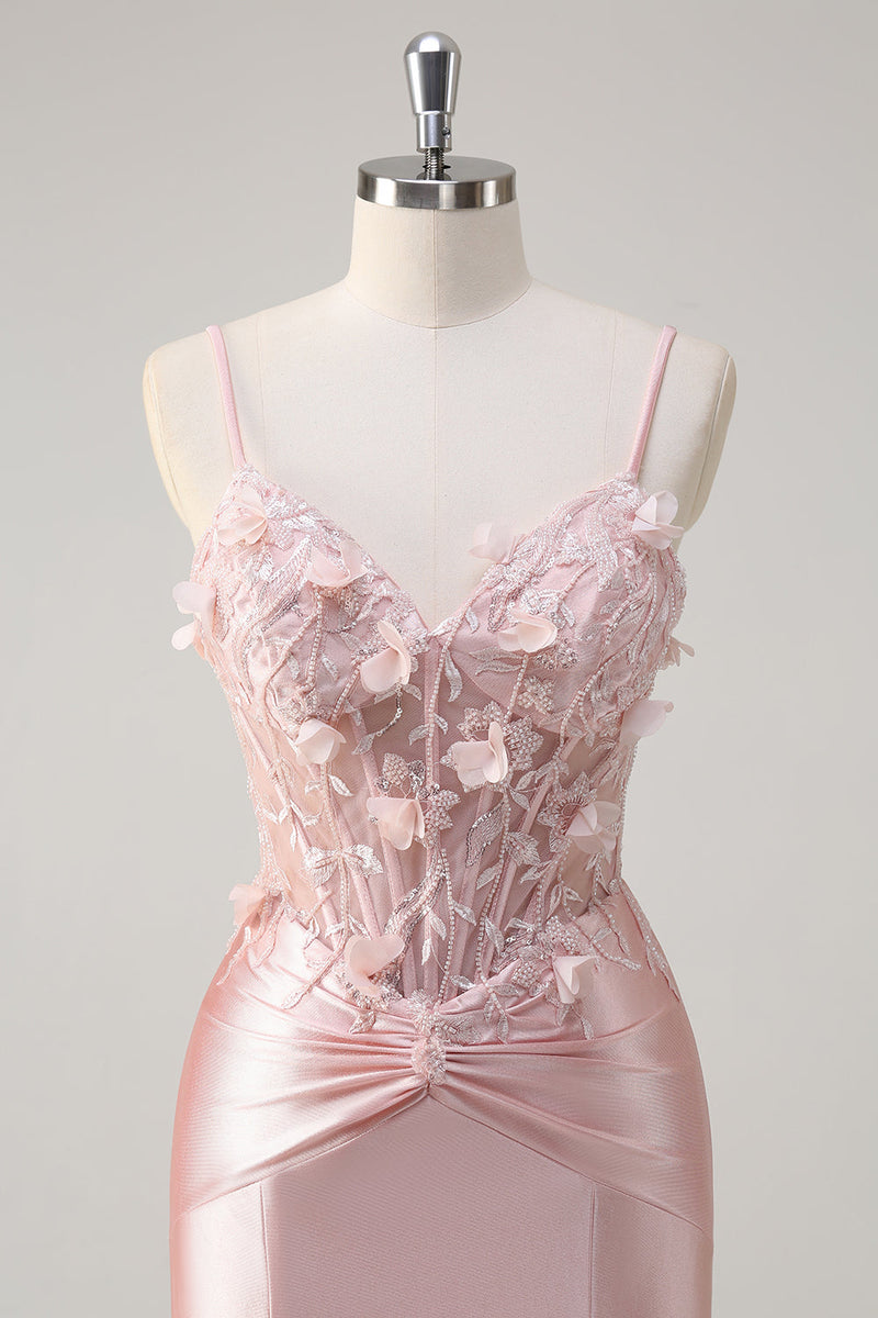 Load image into Gallery viewer, Pink Satin Mermaid Spaghetti Straps Corset Long Formal Dress
