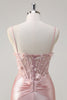 Load image into Gallery viewer, Pink Satin Mermaid Spaghetti Straps Corset Long Formal Dress