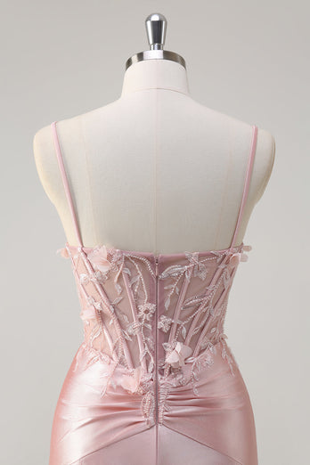 Pink Satin Mermaid Spaghetti Straps Corset Long Formal Dress